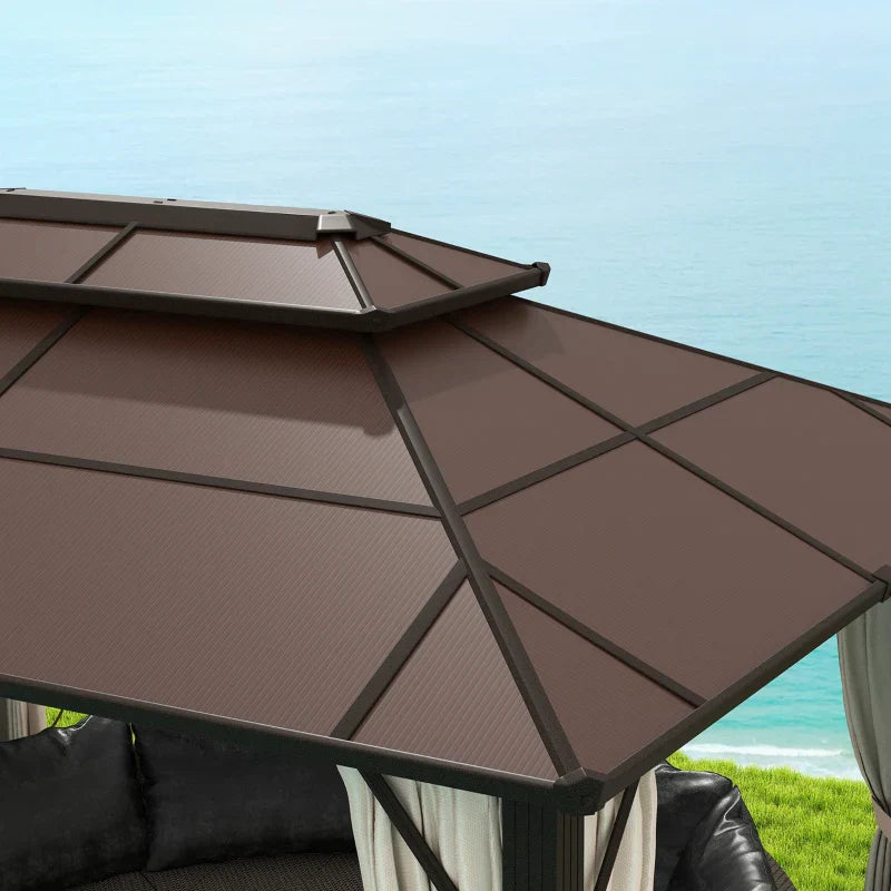 4m x 3m Beige Permanent Hardtop Gazebo – UPF30+ Polycarbonate Double Roof Pavilion with Aluminium Frame, Curtains & Mosquito Netting for Garden, Patio & Deck