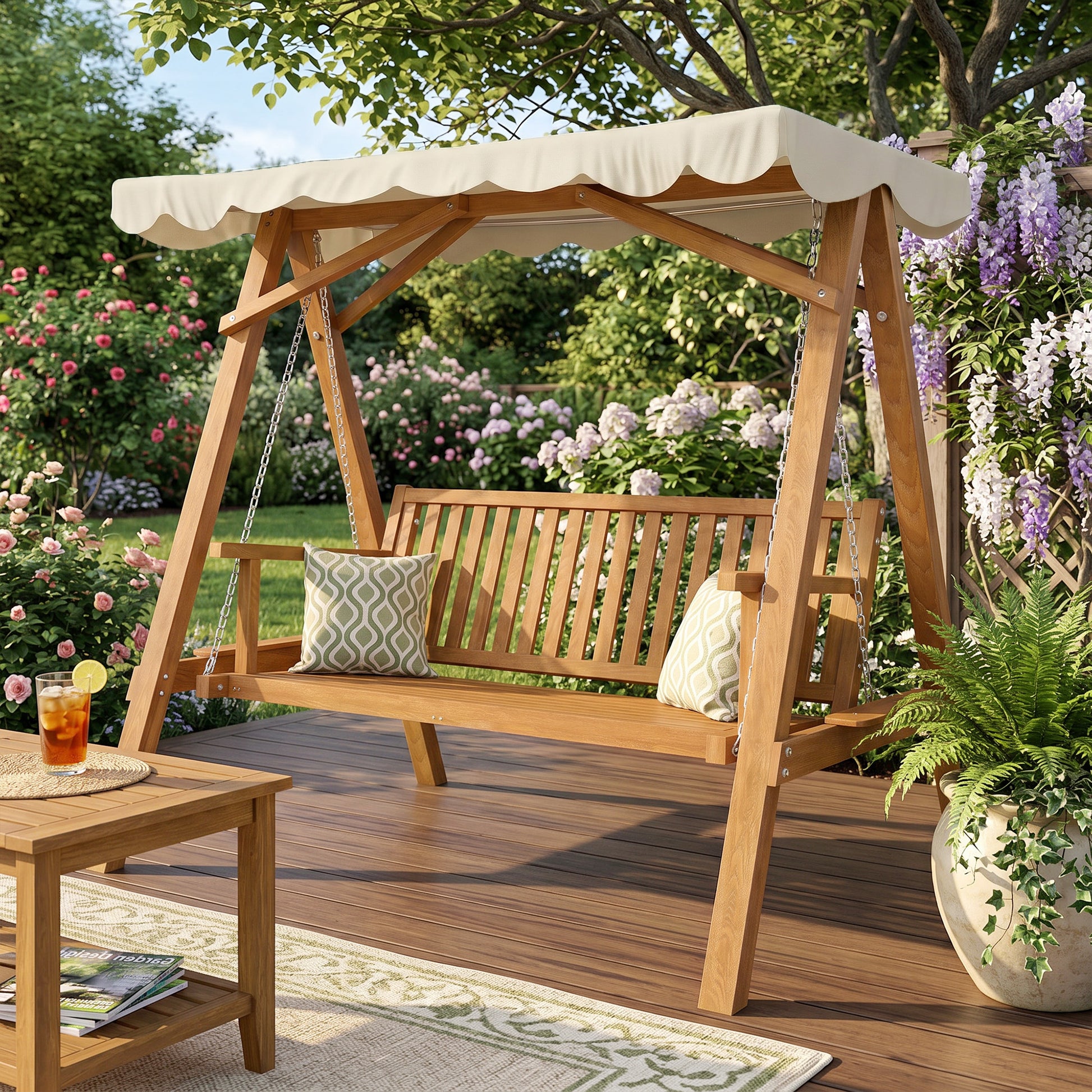 Outsunny 2 Seater Garden Swing Seat with Canopy, Wooden Swing Chair, Outdoor Hammock Bench for Balcony Patio Porch, Cream White