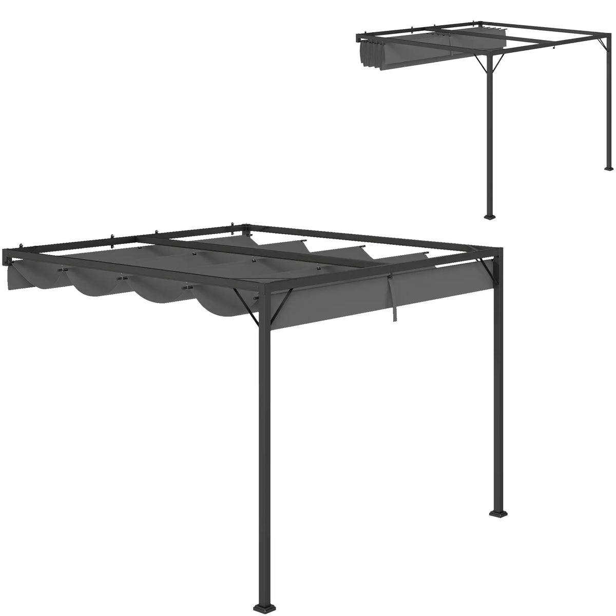 3m x 3m Lean – To Pergola – Grey Retractable Canopy Roof, Wall Mounted Outdoor Patio Shade Shelter