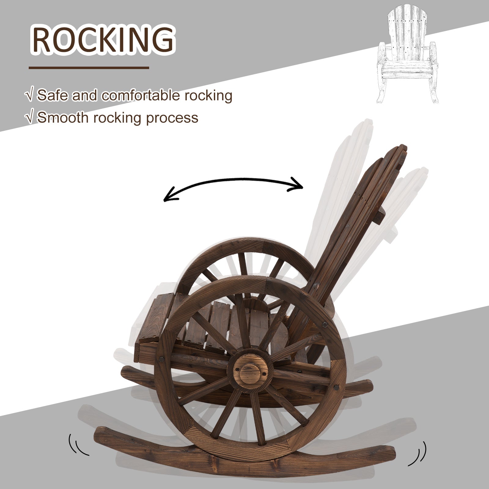 Outsunny Wooden Adirondack Rocking Chair Reclining Armchair Garden Furniture Patio Porch Rocker - Carbonized Wood