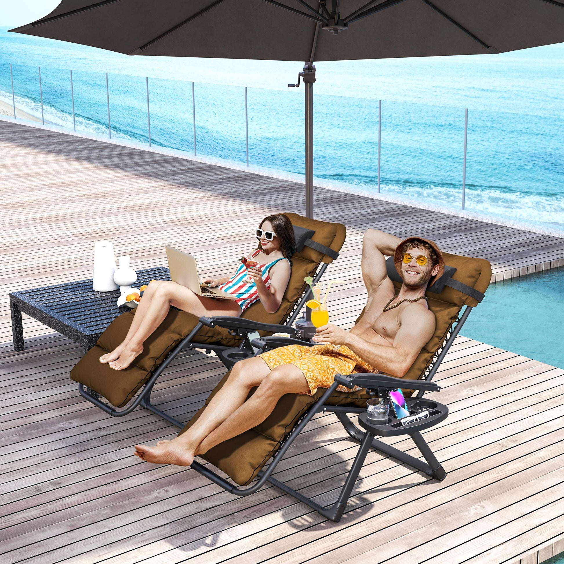 Verona Set of Two Reclining Sun Loungers, with Cushion - Brown