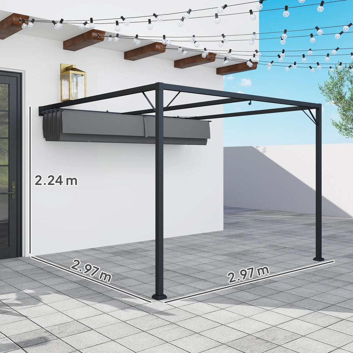 3m x 3m Lean – To Pergola – Grey Retractable Canopy Roof, Wall Mounted Outdoor Patio Shade Shelter