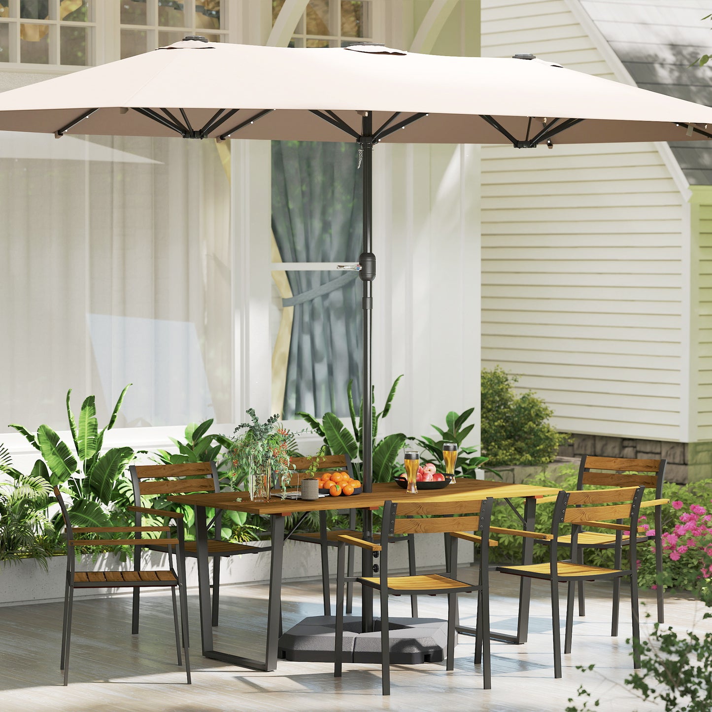 Outsunny Seven-Piece Wood Panel Patio Dining Set - Brown/Black