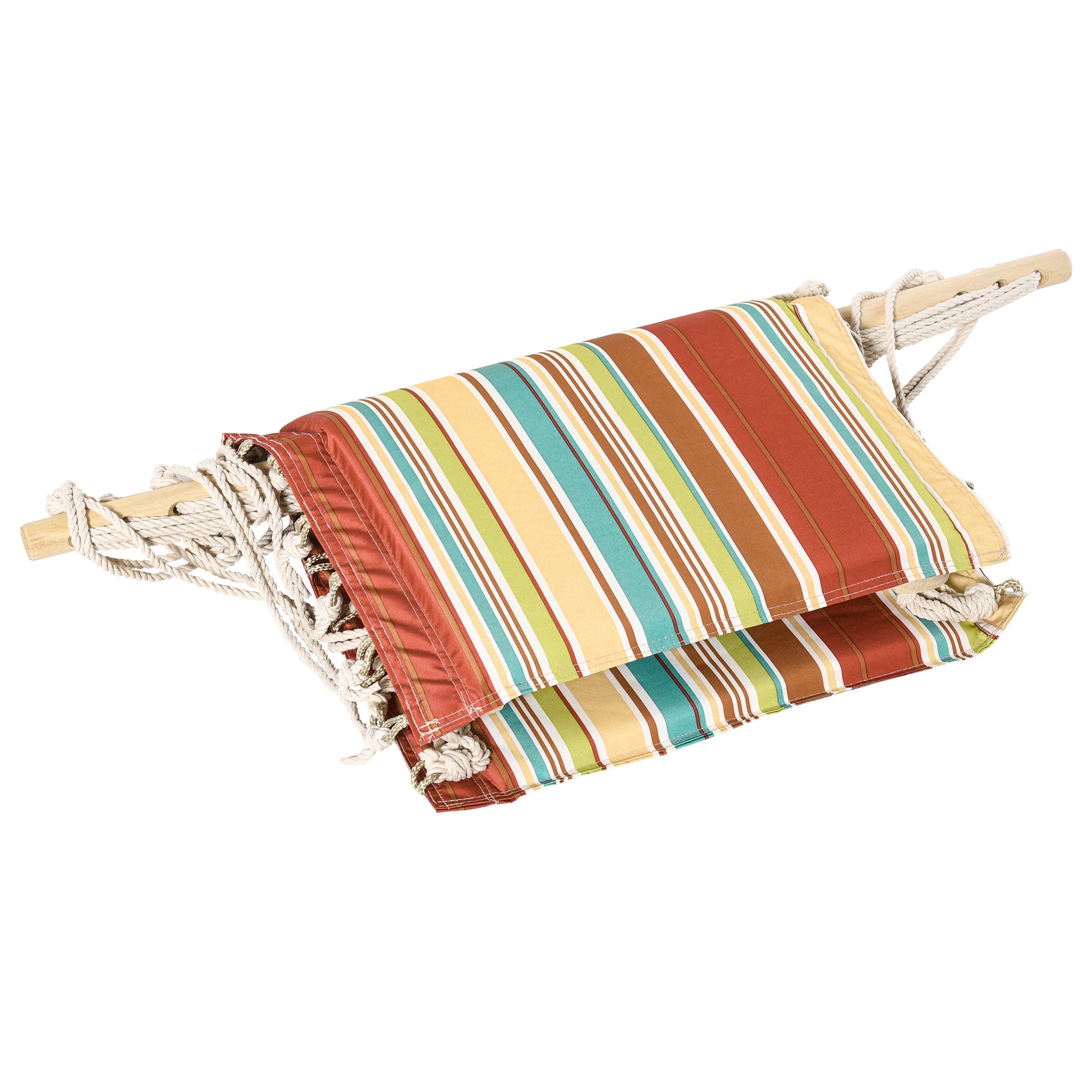 Outsunny Garden Outdoor Hanging Hammock Chair Thick Rope Frame Wooden Arms Safe Wide Seat Garden Outdoor Spot Stylish Multi-Color Stripe