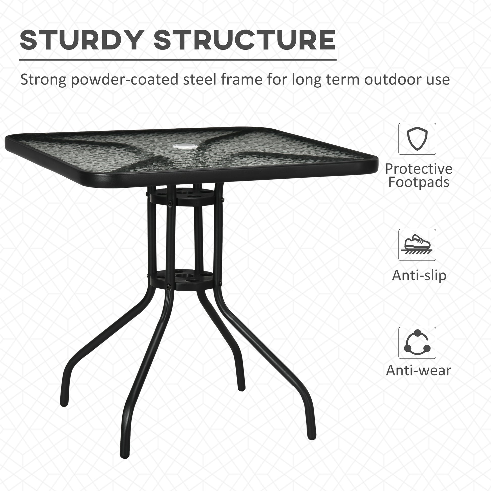 Outsunny Square Garden Dining Table with Tempered Glass Top & Umbrella Hole, 76 x 76 cm