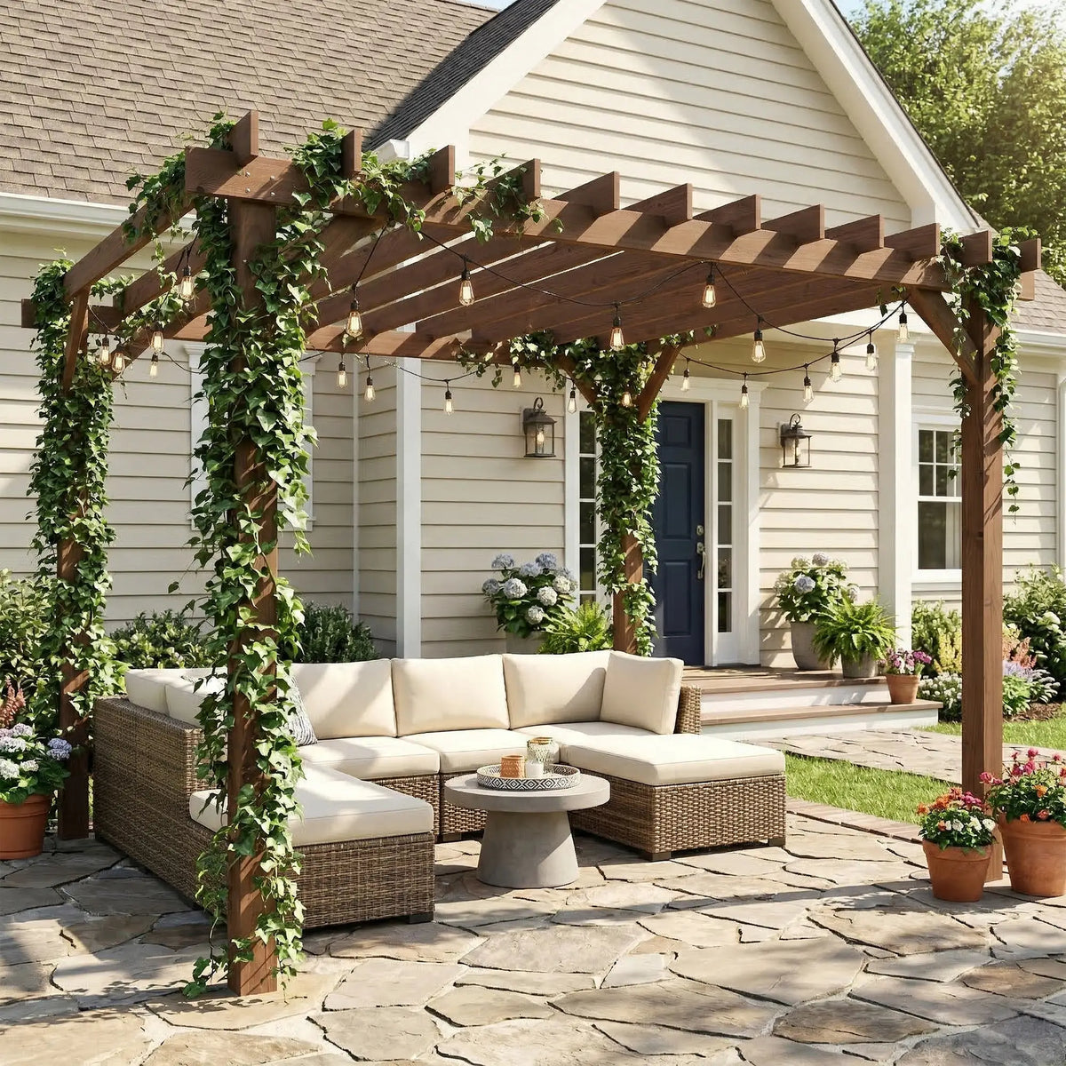 3m x 3m Wooden Pergola Kit – Maple Wood – Effect Garden Pergola with Grape Trellis Roof and Triangle Supports