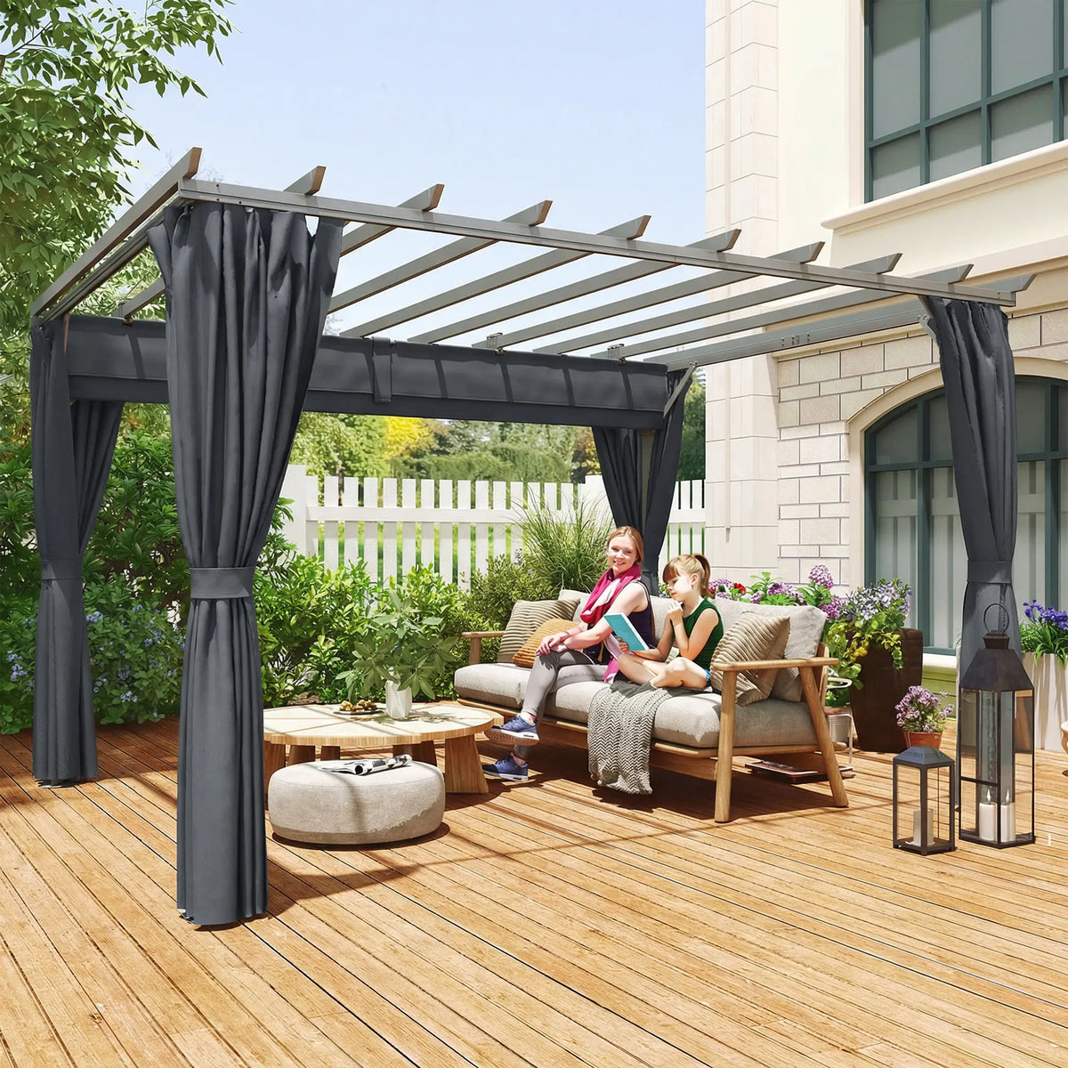 3.6x3m Aluminium Garden Pergola with Retractable Roof Canopy & Curtains – Modern Outdoor Sun Shade Shelter, Weather – Resistant Patio Cover, Dark Grey