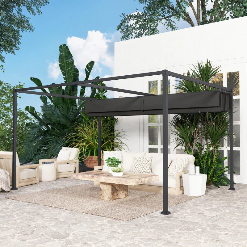 4m x 3m Metal Pergola – Black Retractable Canopy Roof, Outdoor Patio Garden Shade