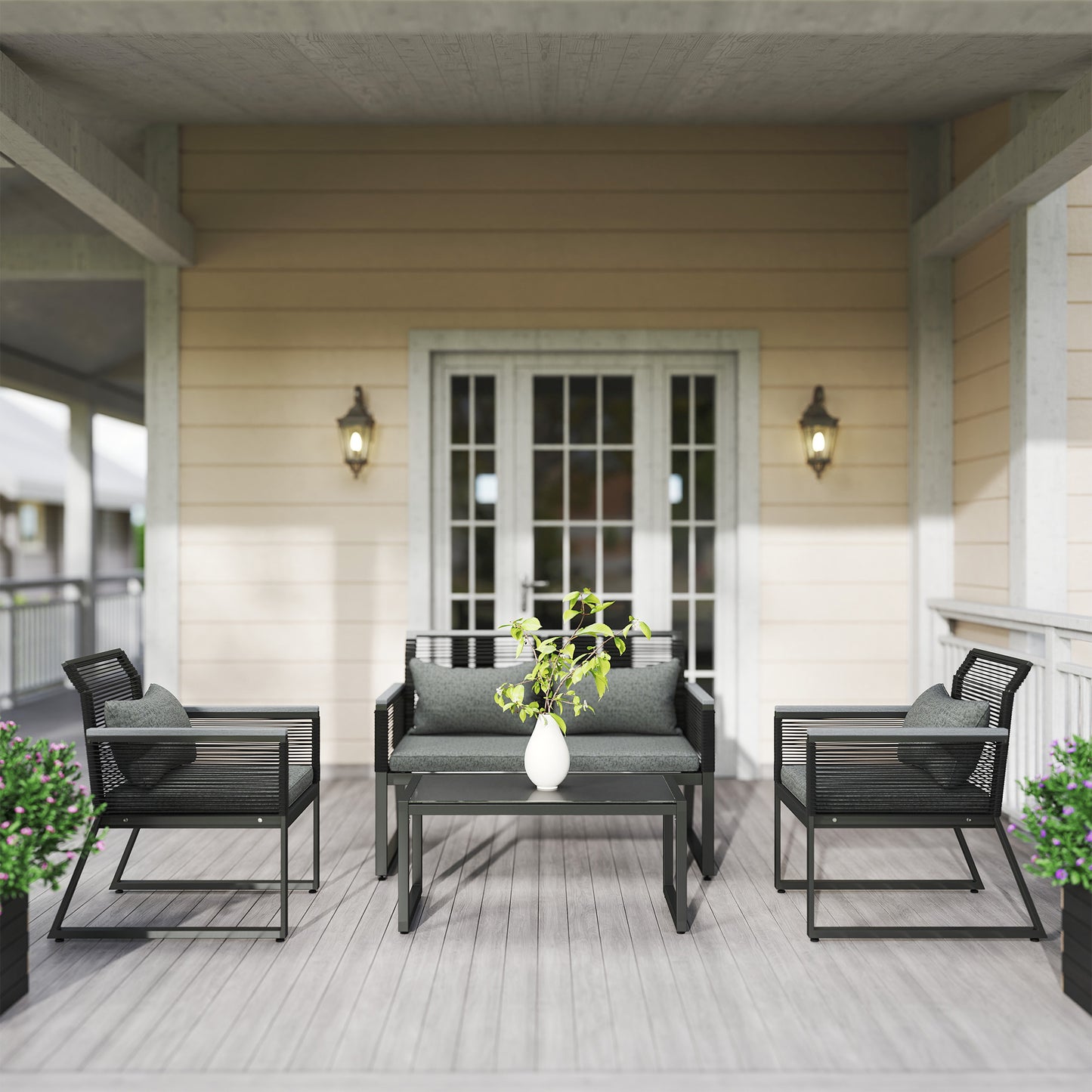 Outsunny 4 Pieces Rattan Garden Furniture Set - Charcoal Grey