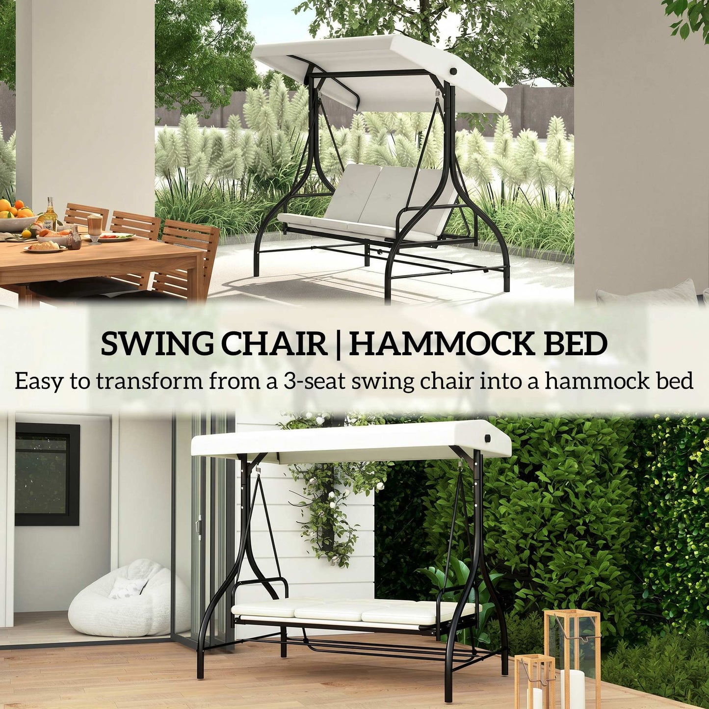 Outsunny 3 Seater Garden Swing Chair, 2 in 1 Convertible Patio Swing Seat Bed with Adjustable Canopy, Cushions and Metal Frame, Outdoor Hammock Bench Chair for Balcony, Terrace, Cream White