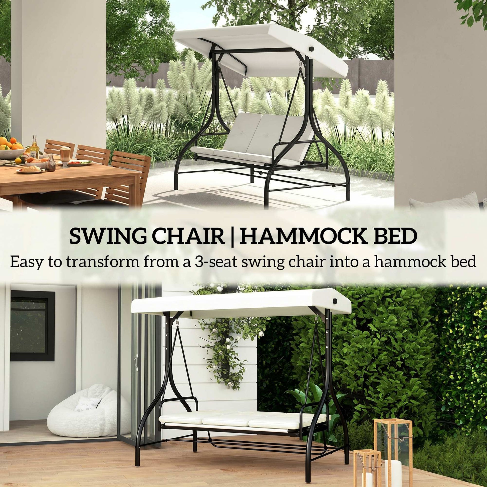 Outsunny 3 Seater Garden Swing Chair, 2 in 1 Convertible Patio Swing Seat Bed with Adjustable Canopy, Cushions and Metal Frame, Outdoor Hammock Bench Chair for Balcony, Terrace, Cream White
