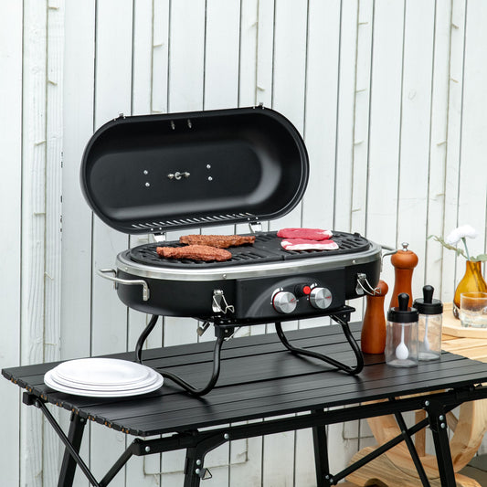 Foldable Gas BBQ 2 Burner Table Top Barbecue with Lid Piezo Ignition Thermometer for Camping Picnic Cooking, Aluminium Alloy