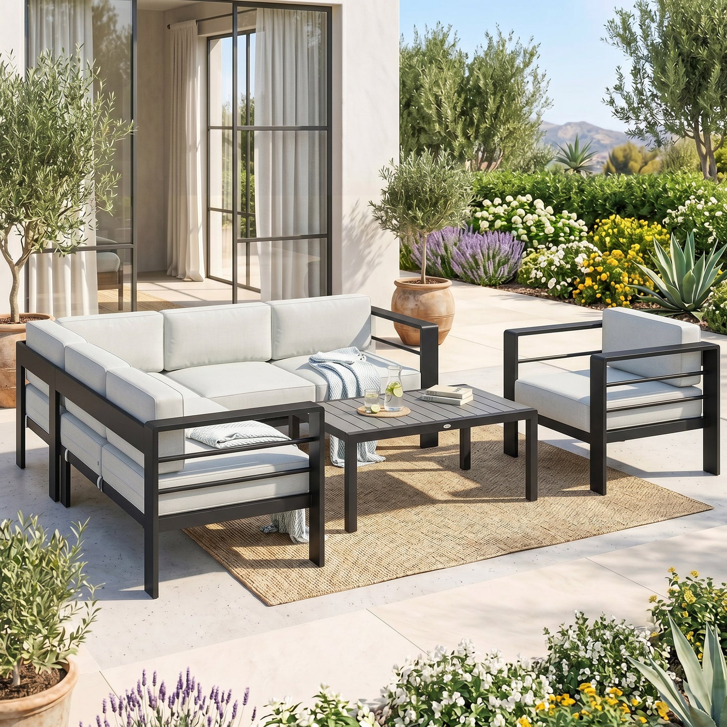 Outsunny 5-Piece Garden Corner Sofa Set with Cushions, 6 Seater Aluminium Garden Furniture Set with Coffee Table, Light Grey