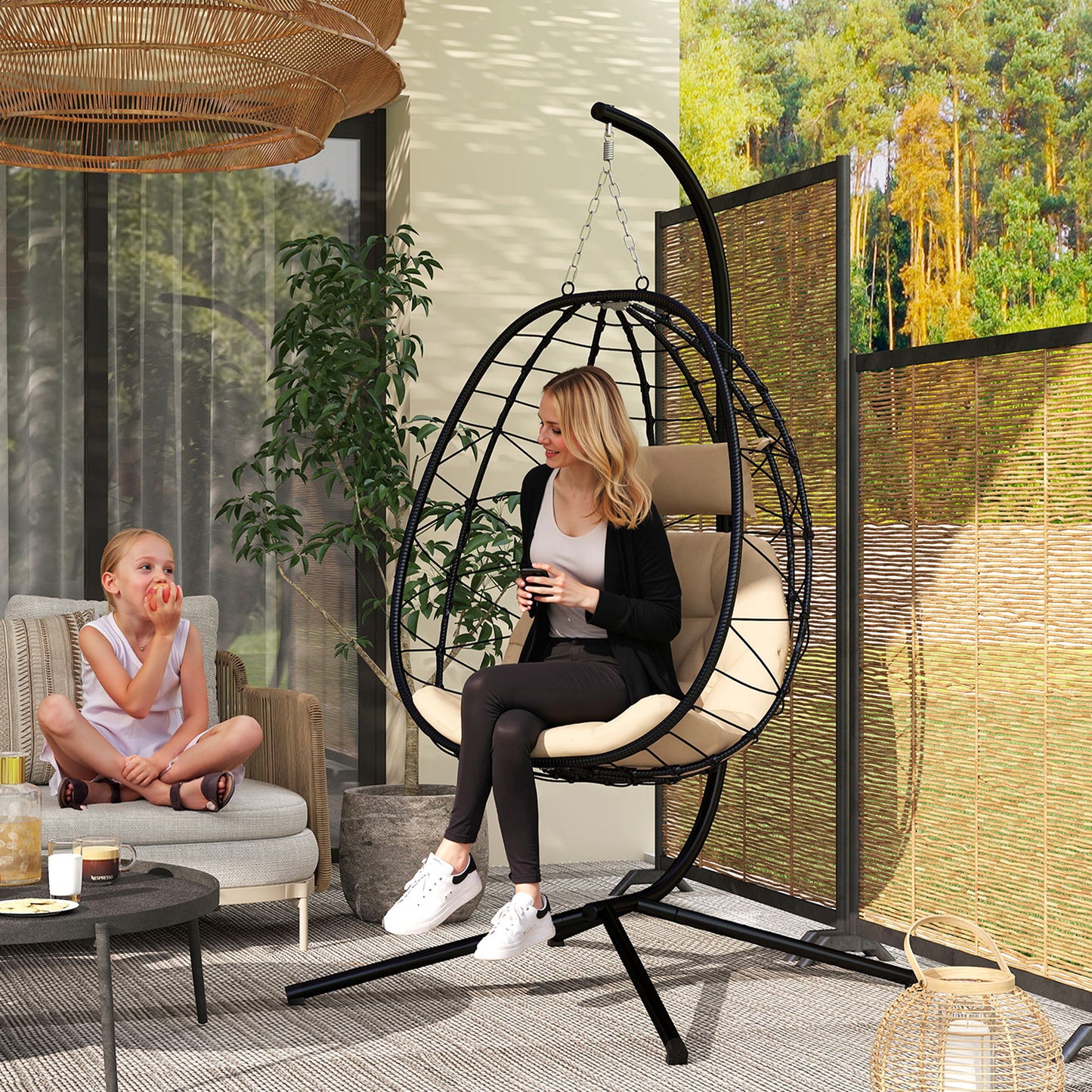 Portofino Hanging Egg Chair Garden Swing Chair with Folding Basket, Thickened Cushion, Hanging Chair with Stand