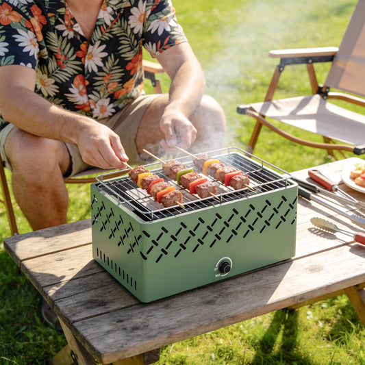 Portable Charcoal BBQ, Battery Powered Barbecue Grill with Built-in Fan for Camping Picnic, Light Green