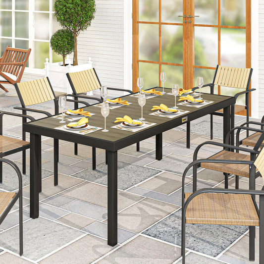Capri Aluminium Garden Dining Table for 8 People, Faux Wood Top, for Garden, Patio, 190 x 90 x 74cm, Brown
