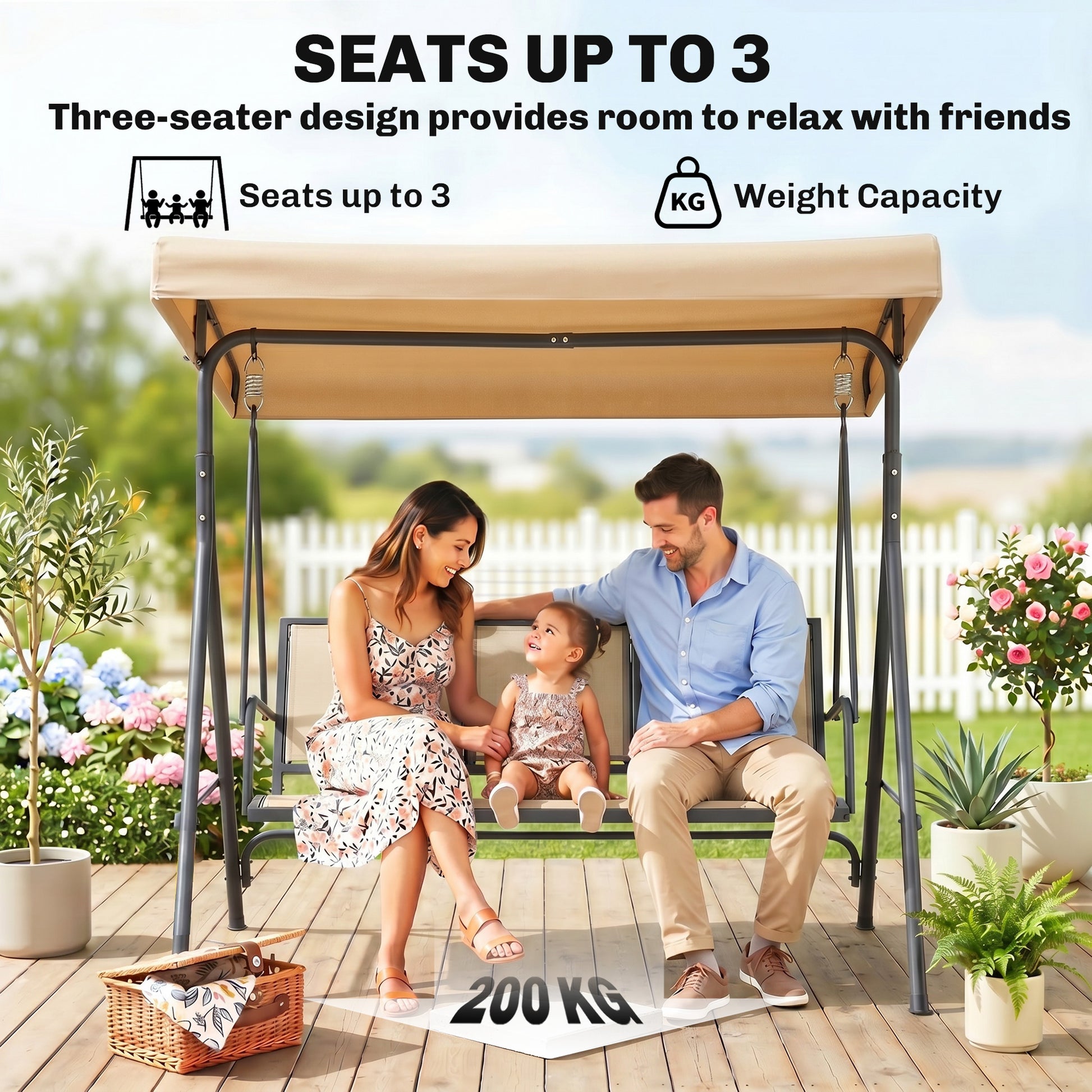 Outsunny 3 Seater Swing Chair, Garden Swing Bench with Adjustable Tilting Canopy, Breathable Mesh Seat and Heavy Duty Steel Frame for Patio, Yard, Beige