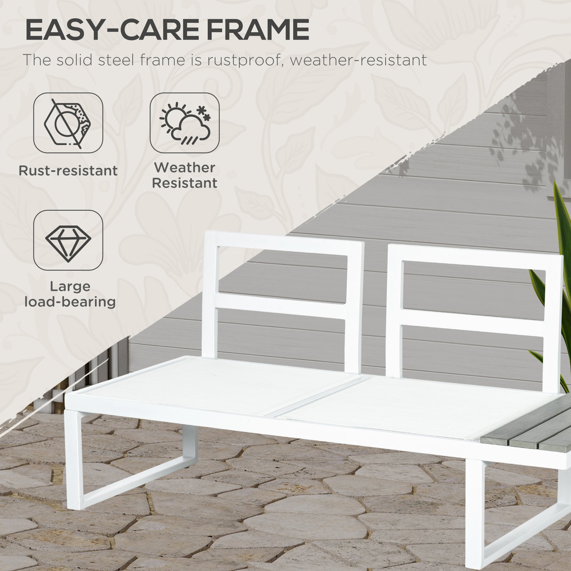 Outsunny 4 Pieces Garden Furniture Set, 5-Level Reclining Garden Corner Sofa Set, Outdoor Lounge Conversation Sectional with Cushions, Wood Effect Plastic Table, White Frame & Grey Cushion
