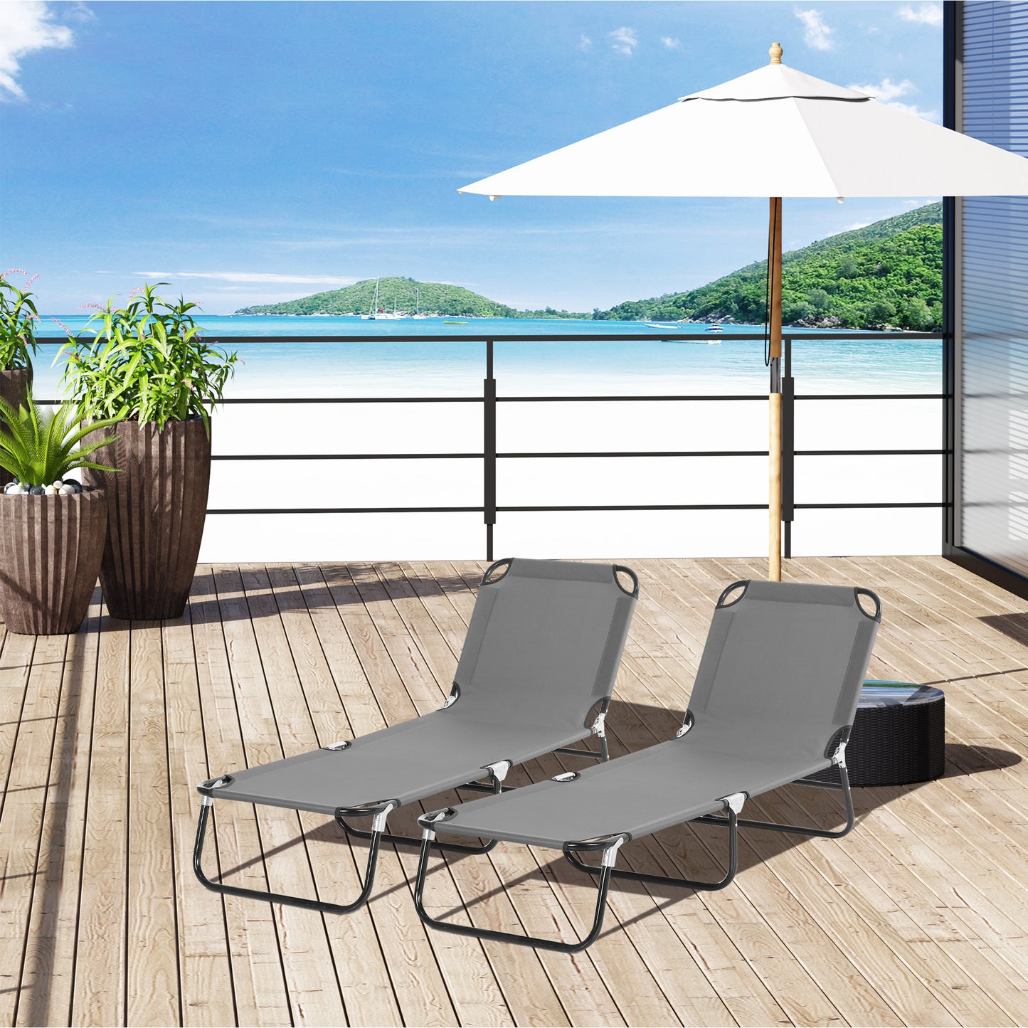 2 Piece Foldable Sun Loungers with 5-Position Adjustable Backrest, Outdoor Portable Recliner Chaise Lounge Chairs with Breathable Mesh Fabric,