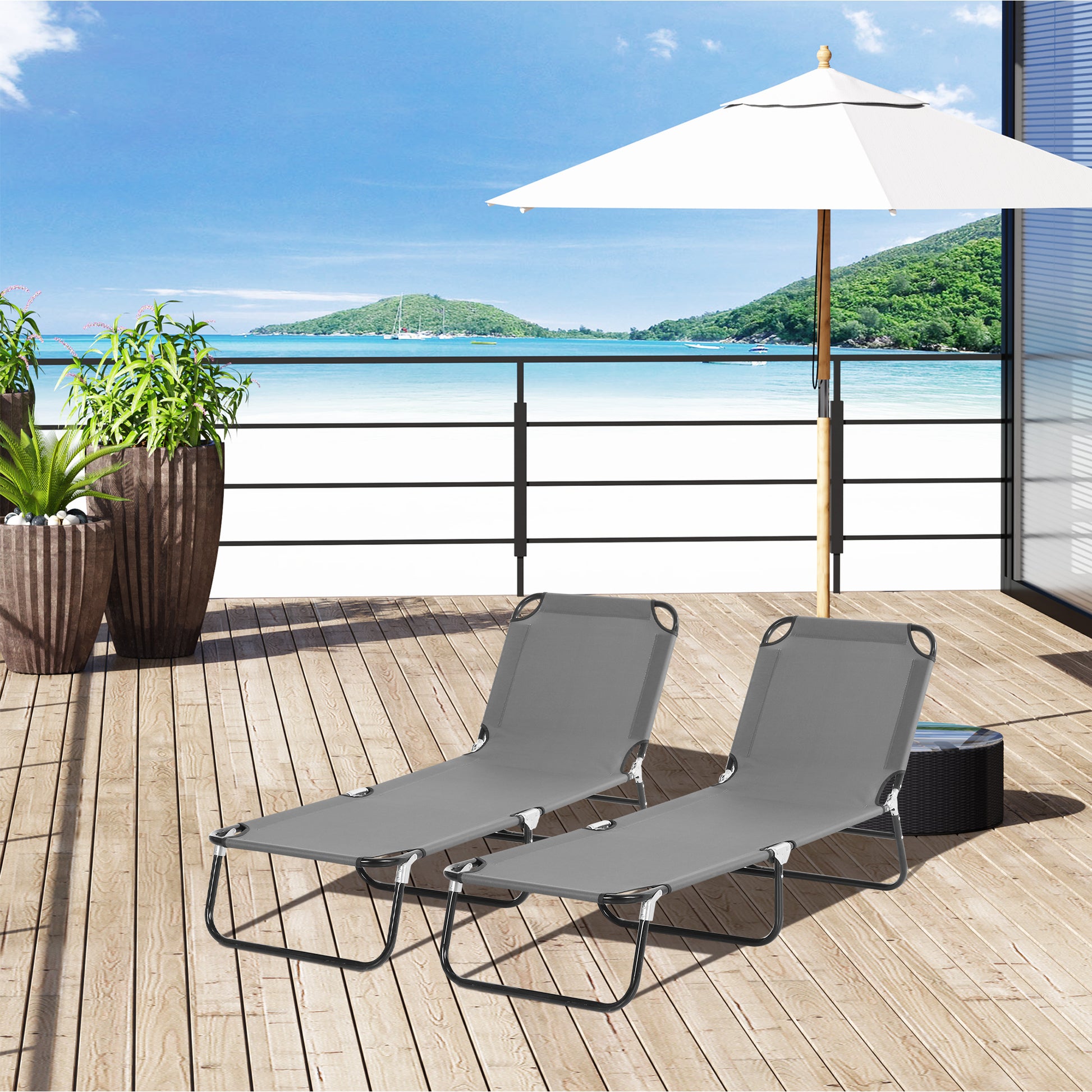 2 Piece Foldable Sun Loungers with 5-Position Adjustable Backrest, Outdoor Portable Recliner Chaise Lounge Chairs with Breathable Mesh Fabric,