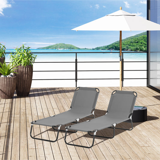 2 Piece Foldable Sun Loungers with 5-Position Adjustable Backrest, Outdoor Portable Recliner Chaise Lounge Chairs with Breathable Mesh Fabric,