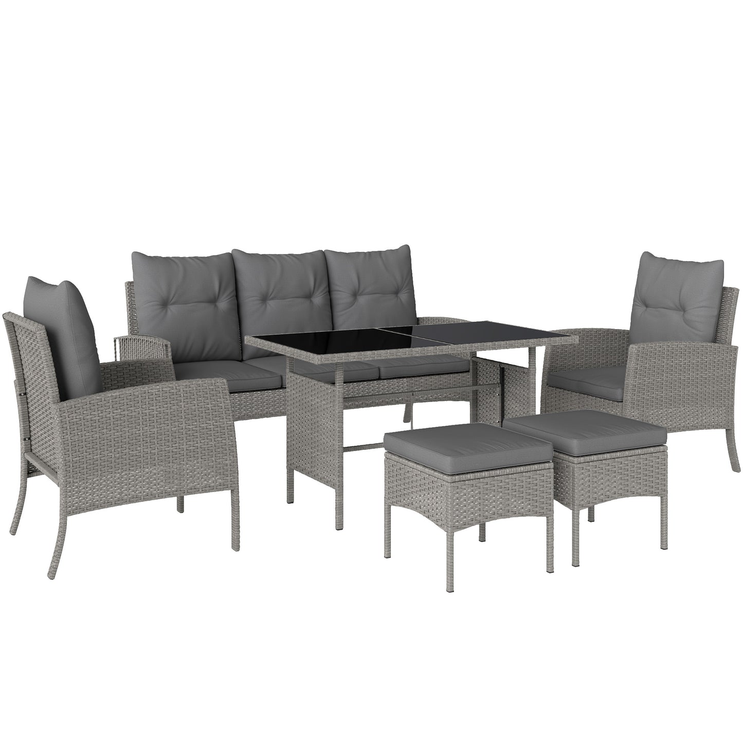 Outsunny 7 Seater Rattan Garden Furniture Set, 6 Piece Patio Dining Set, Armchairs, 3-Seater Sofa, Footstools, Glass Dining Table, Cushions, Wicker Outdoor Furniture for Conservatory Patio, Grey