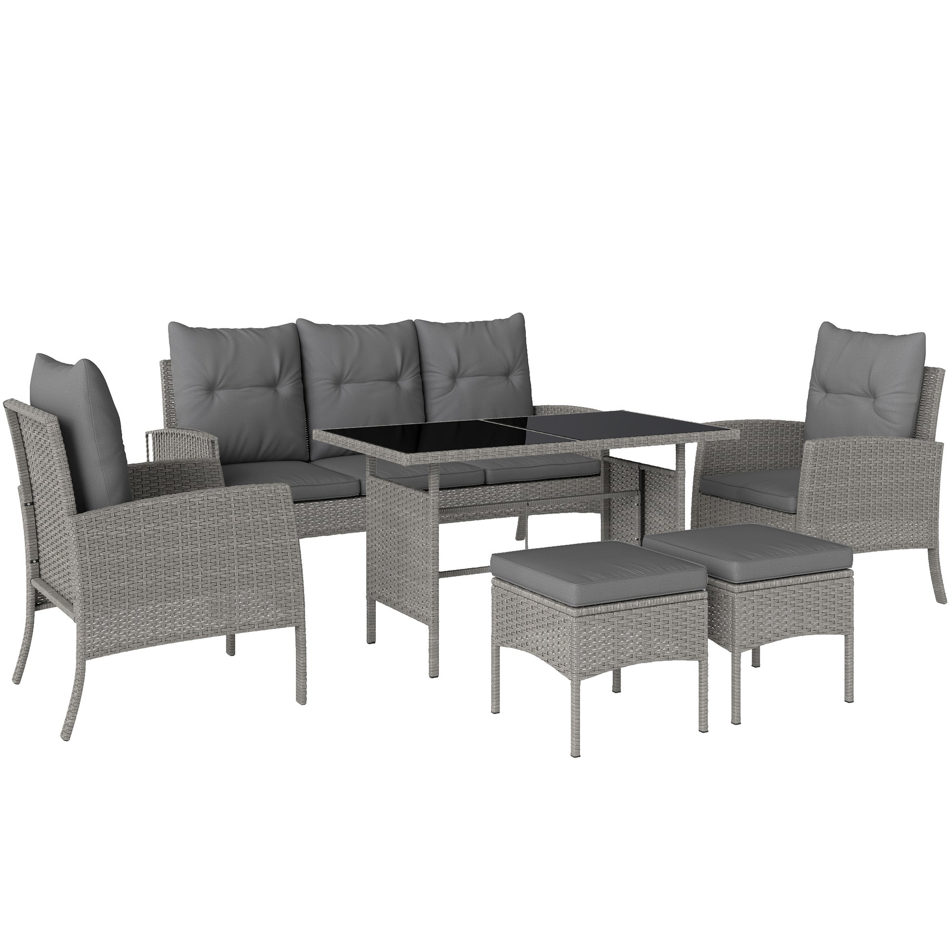Outsunny 7 Seater Rattan Garden Furniture Set, 6 Piece Patio Dining Set, Armchairs, 3-Seater Sofa, Footstools, Glass Dining Table, Cushions, Wicker Outdoor Furniture for Conservatory Patio, Grey