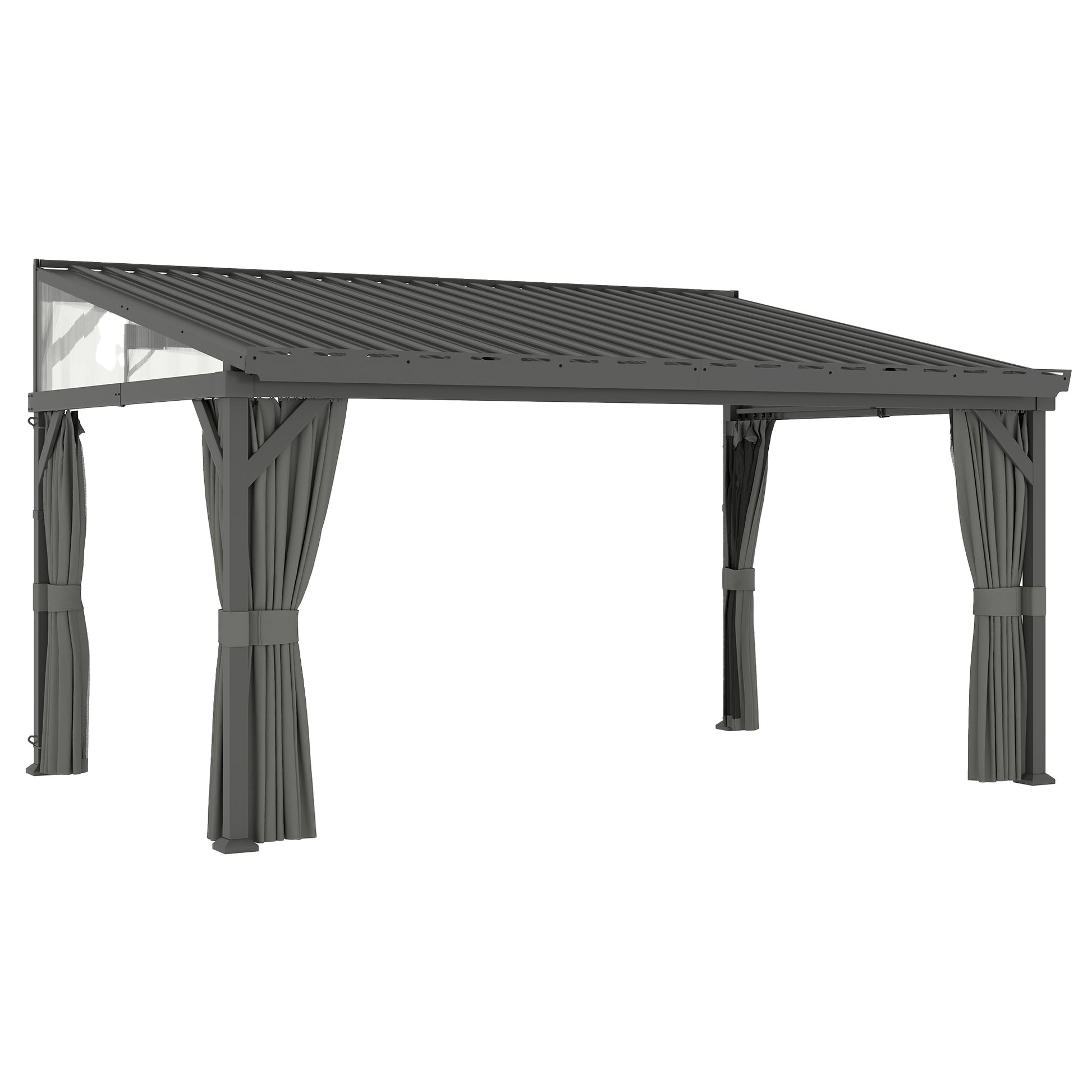 Outsunny 4.3 x 3 m Garden Pergola with Galvanised Steel Roof, Lean to Pergola Gazebo with Netting Curtains, Dark Grey