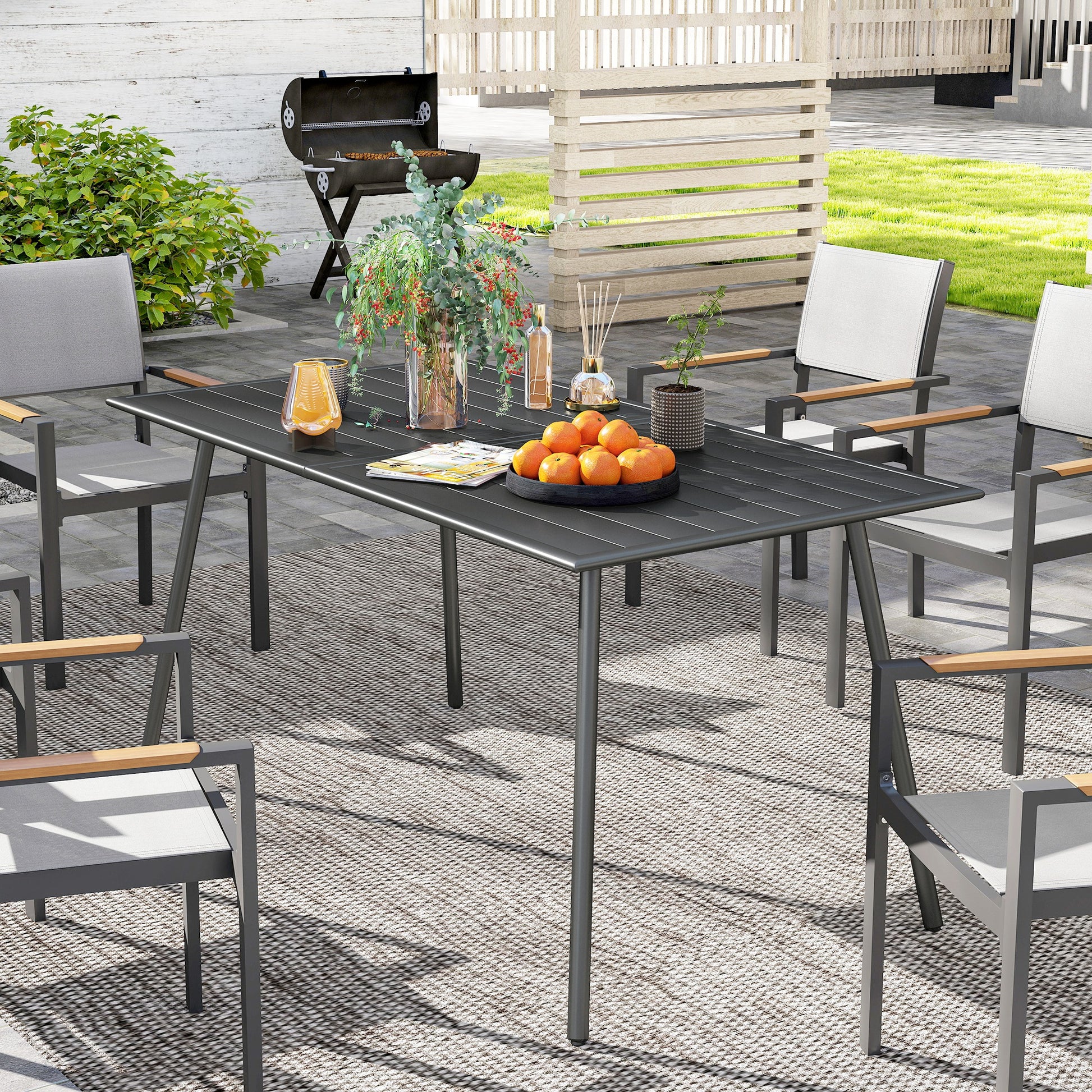 Mediterraneo Rectangle Garden Table with Slat Top, Steel Frame, Garden Table for 6 Person, 150 x 80 x 74 cm, Grey