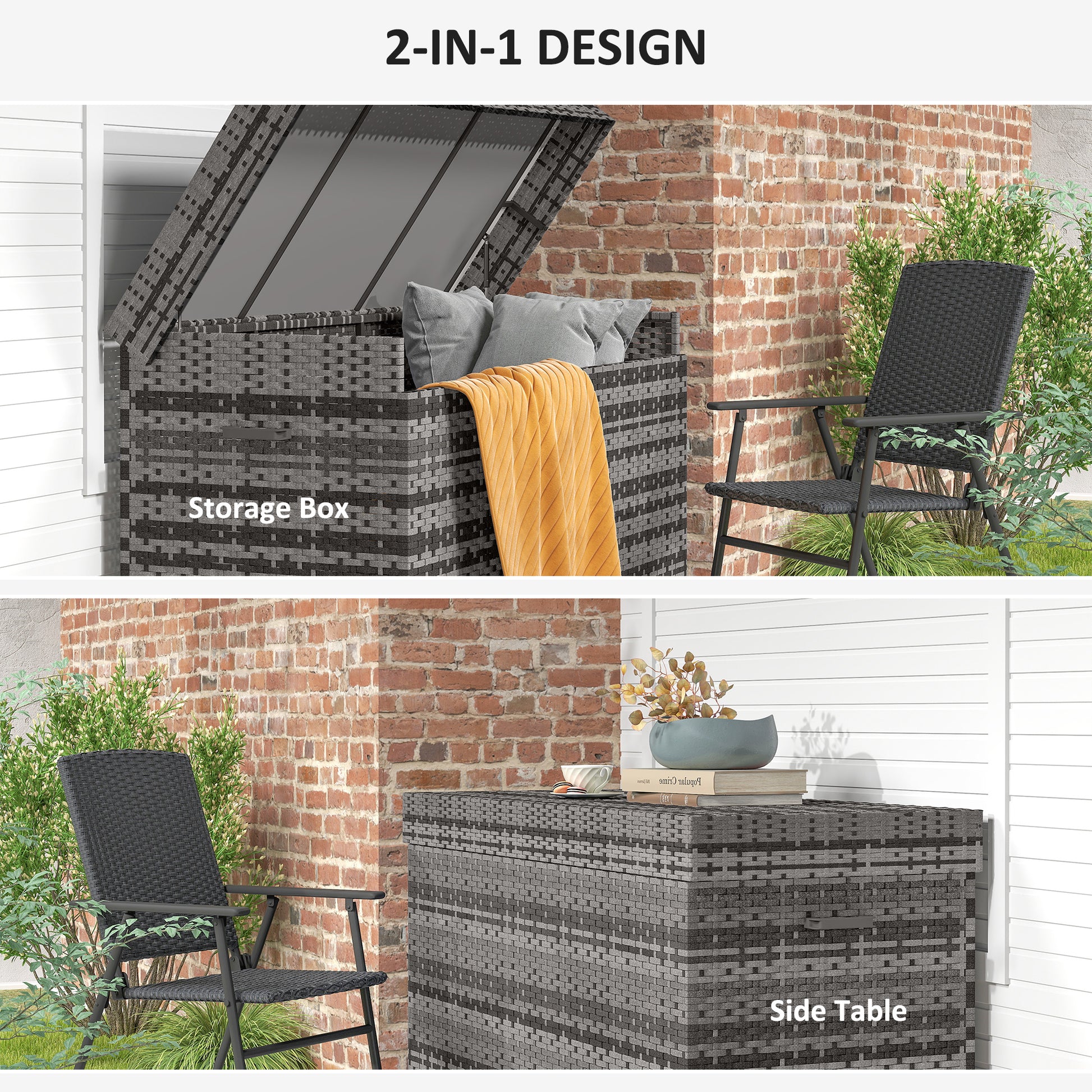 Outsunny - 627L Rattan Garden Storage Box, with Wheels, Dark Grey
