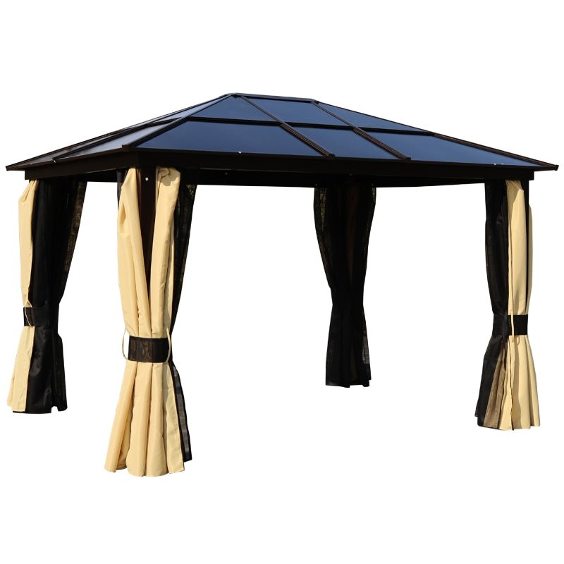 Solar-Powered 3.6 x 3m Aluminium Garden Gazebo with LED Lighting, Polycarbonate Hardtop Roof, Curtains & Insect Mesh Shelter