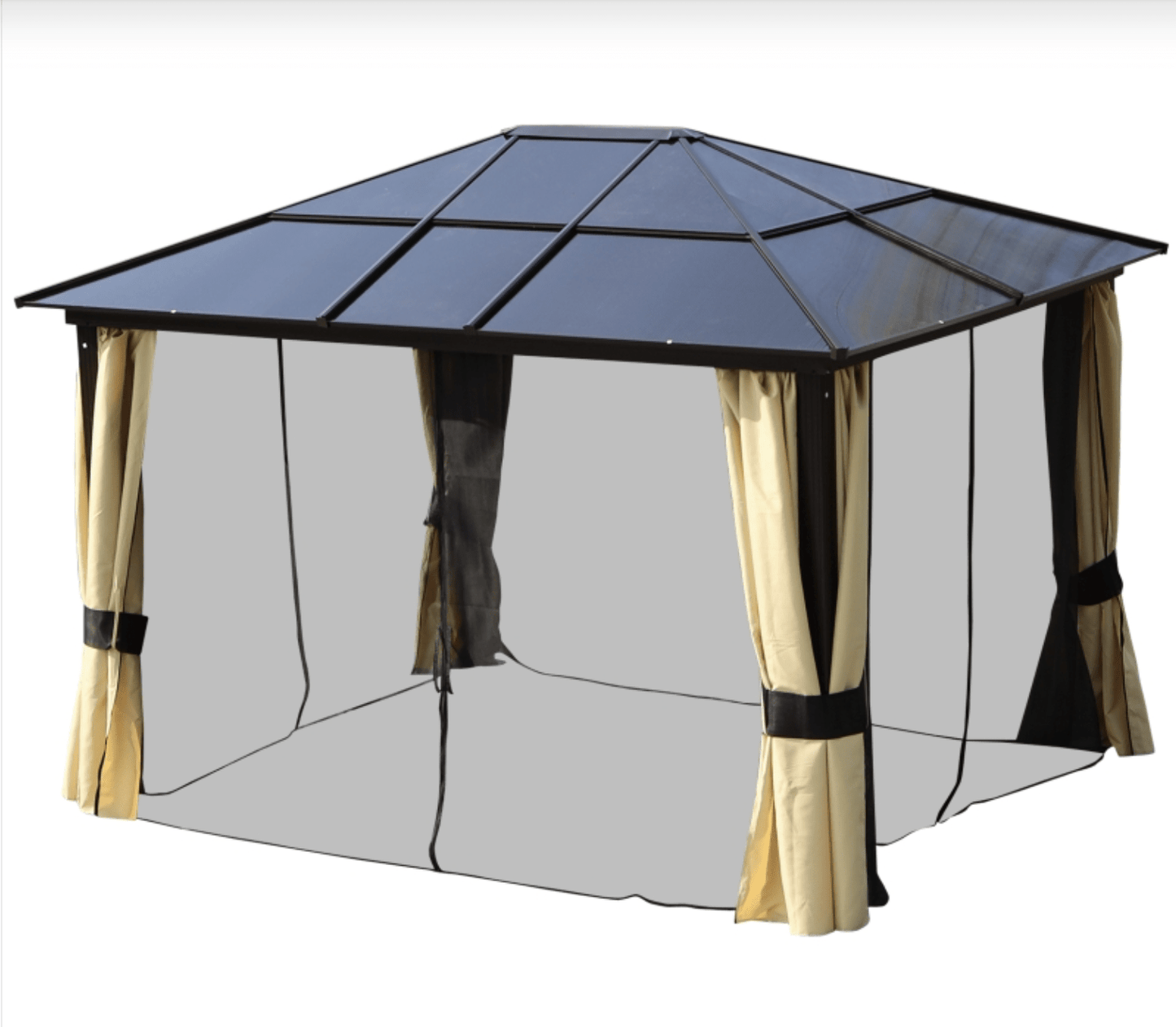 Solar-Powered 3.6 x 3m Aluminium Garden Gazebo with LED Lighting, Polycarbonate Hardtop Roof, Curtains & Insect Mesh Shelter