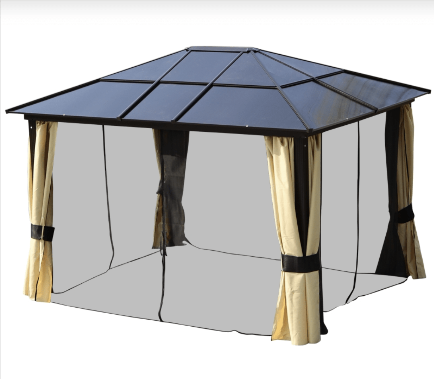 Solar-Powered 3.6 x 3m Aluminium Garden Gazebo with LED Lighting, Polycarbonate Hardtop Roof, Curtains & Insect Mesh Shelter