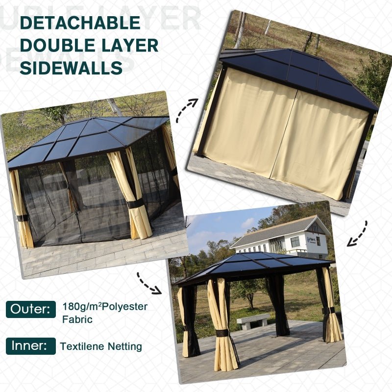 Solar-Powered 3.6 x 3m Aluminium Garden Gazebo with LED Lighting, Polycarbonate Hardtop Roof, Curtains & Insect Mesh Shelter