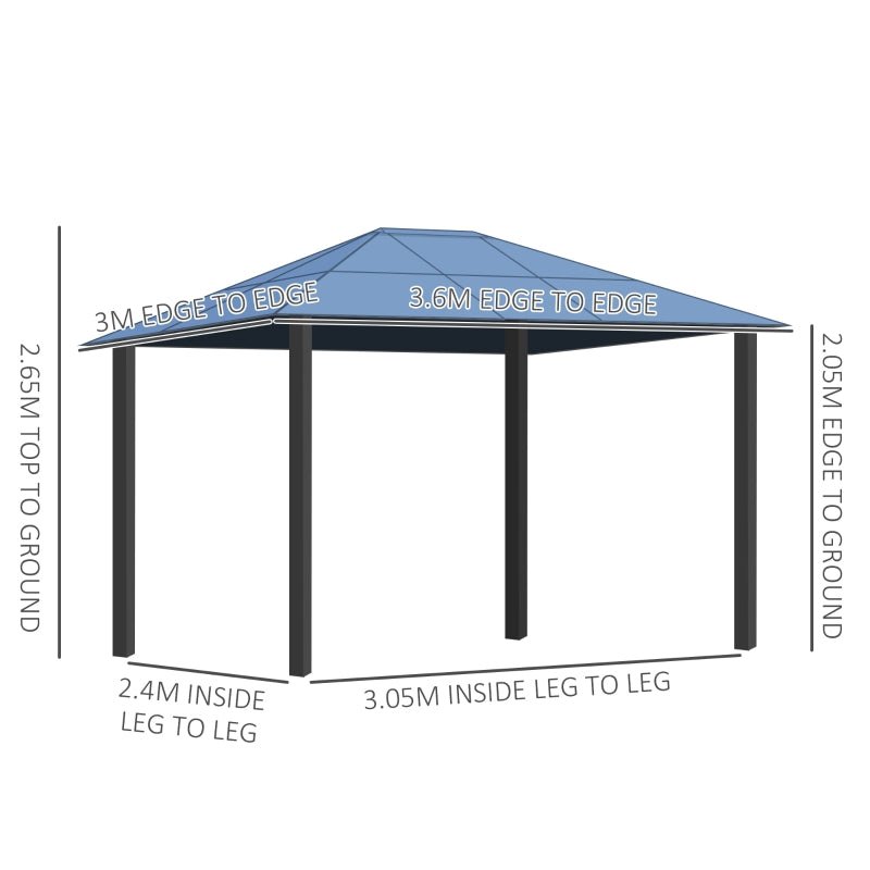 Solar-Powered 3.6 x 3m Aluminium Garden Gazebo with LED Lighting, Polycarbonate Hardtop Roof, Curtains & Insect Mesh Shelter