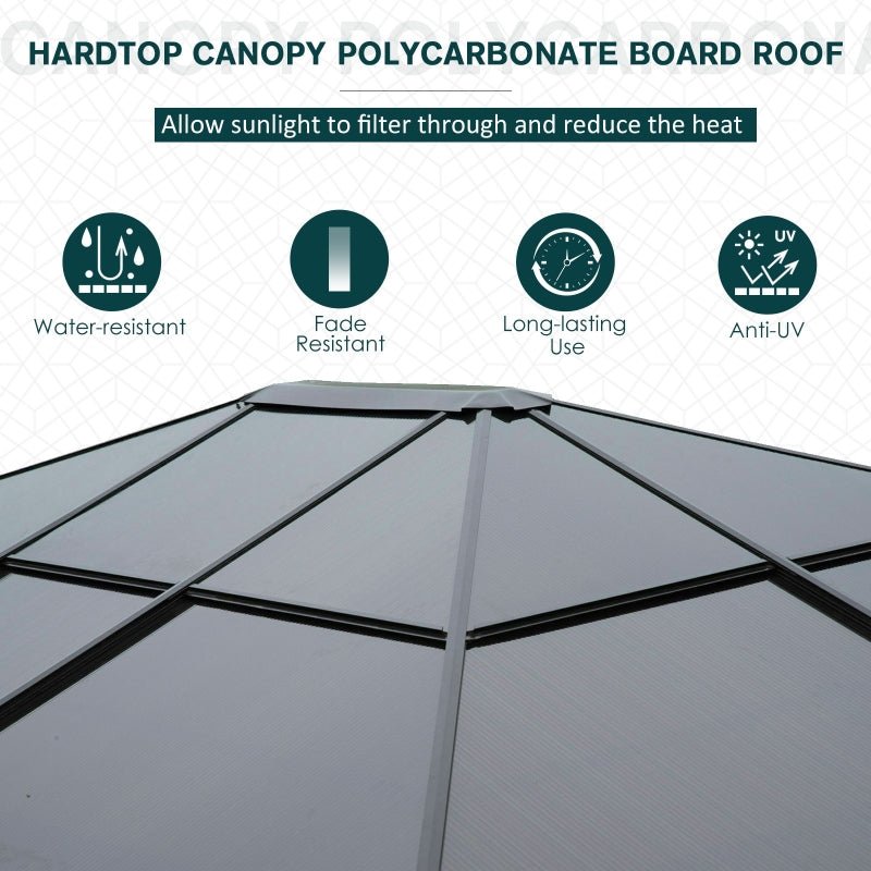 Solar-Powered 3.6 x 3m Aluminium Garden Gazebo with LED Lighting, Polycarbonate Hardtop Roof, Curtains & Insect Mesh Shelter