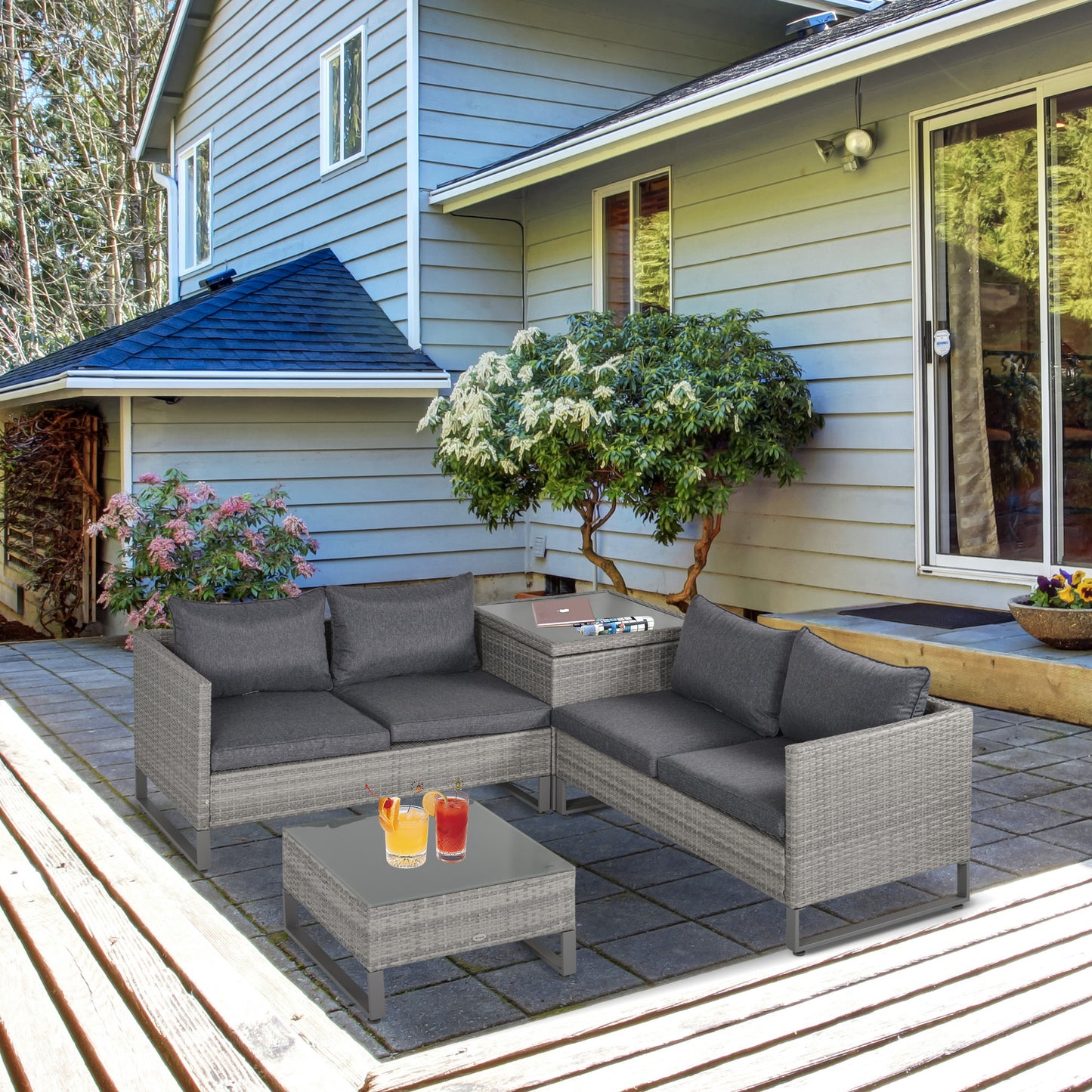 Sorrento 4 Piece Rattan Garden Furniture Set, 4 Seater Garden Sofa Set with Storage Box
