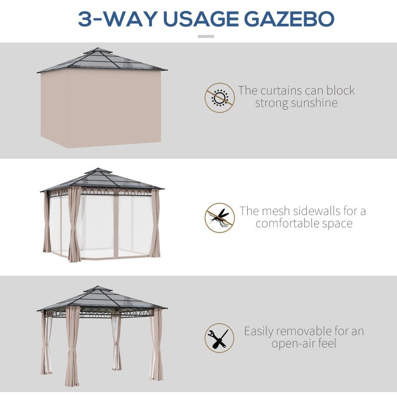 3m x 3m Hardtop Garden Gazebo with Double – Tier Polycarbonate Roof, Privacy Curtains & Insect Mesh Sides