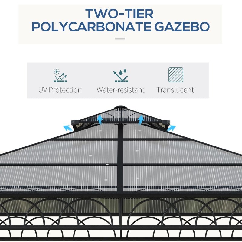 3m x 3m Hardtop Garden Gazebo with Double – Tier Polycarbonate Roof, Privacy Curtains & Insect Mesh Sides