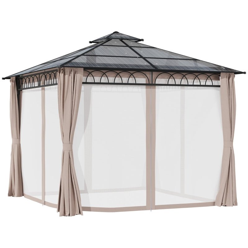 3m x 3m Hardtop Garden Gazebo with Double – Tier Polycarbonate Roof, Privacy Curtains & Insect Mesh Sides
