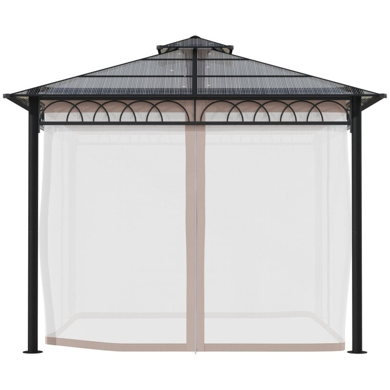 3m x 3m Hardtop Garden Gazebo with Double – Tier Polycarbonate Roof, Privacy Curtains & Insect Mesh Sides