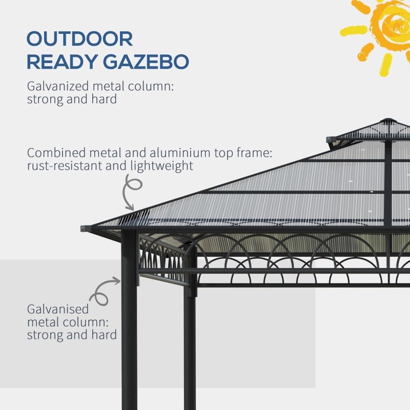 3m x 3m Hardtop Garden Gazebo with Double – Tier Polycarbonate Roof, Privacy Curtains & Insect Mesh Sides