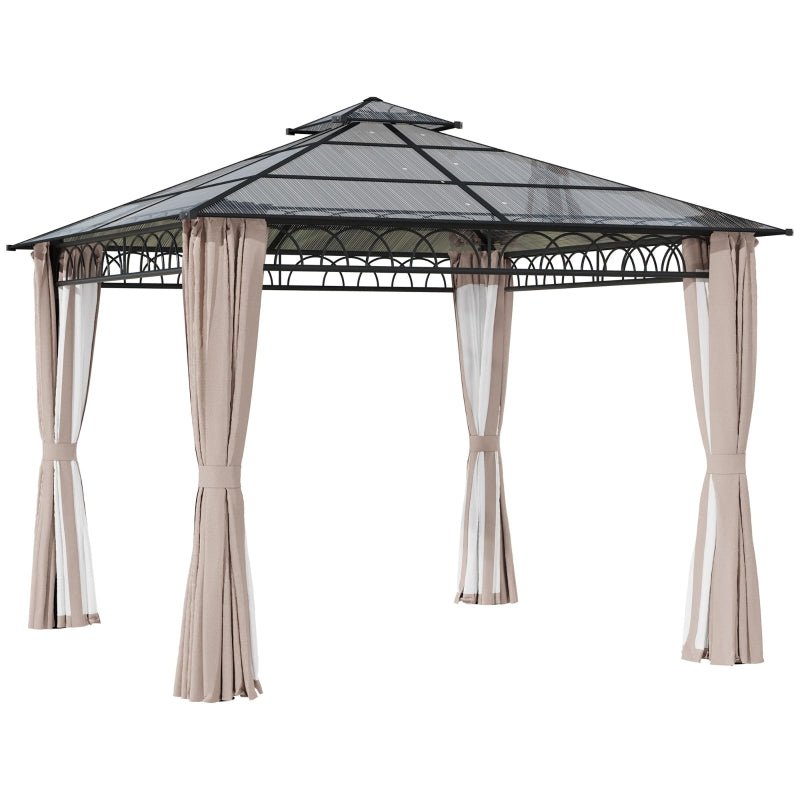 3m x 3m Hardtop Garden Gazebo with Double – Tier Polycarbonate Roof, Privacy Curtains & Insect Mesh Sides