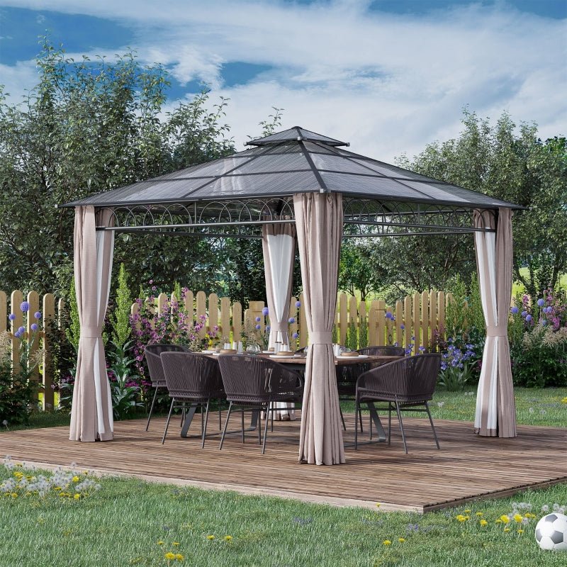 3m x 3m Hardtop Garden Gazebo with Double – Tier Polycarbonate Roof, Privacy Curtains & Insect Mesh Sides