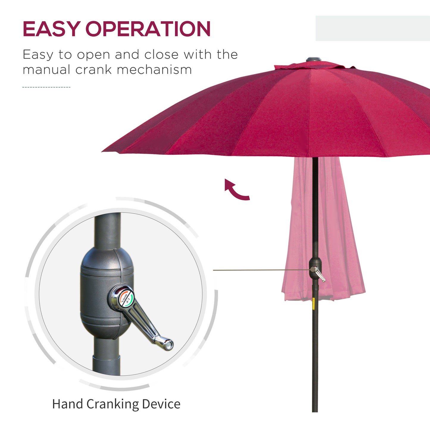 Outsunny 2.5m Shanghai Garden Parasol Umbrella with Crank & Tilt, Adjustable Outdoor Sun Shade, Red
