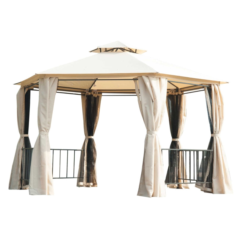 3m x 3m Beige Hexagonal Garden Gazebo with Curtains, Mesh Netting & Double-Tier Canopy