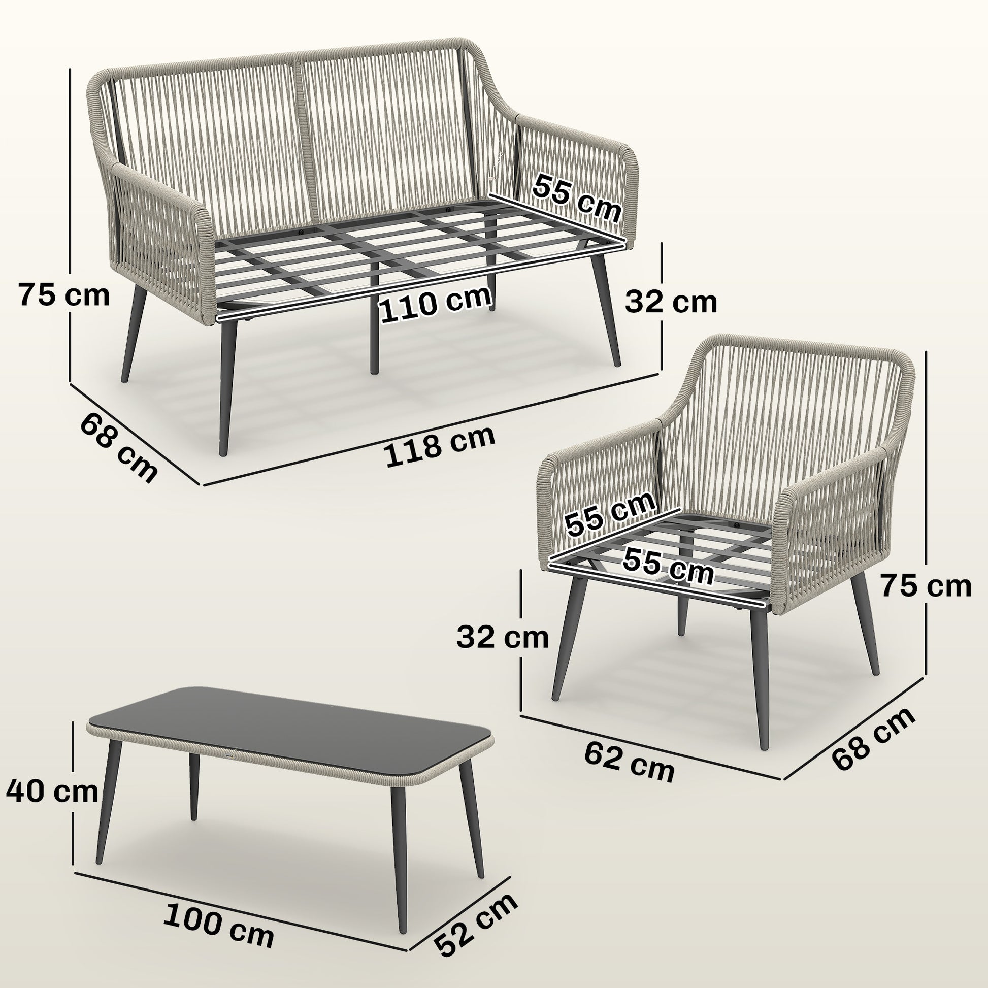 Outsunny Rattan Garden Furniture Set, 4 Piece Outdoor Patio Furniture with Tempered Glass Table and Chairs, Indoor Balcony Conservatory Set