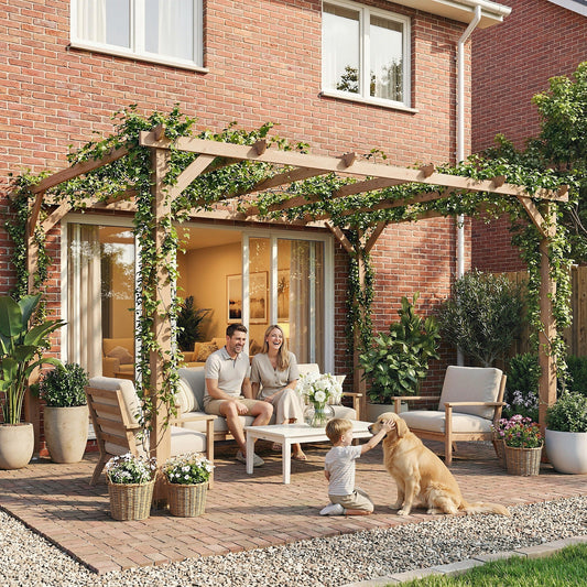 4 x 3 m Wooden Pergola Kit – Maple Wood-Effect, 6 Beams & Triangle Supports