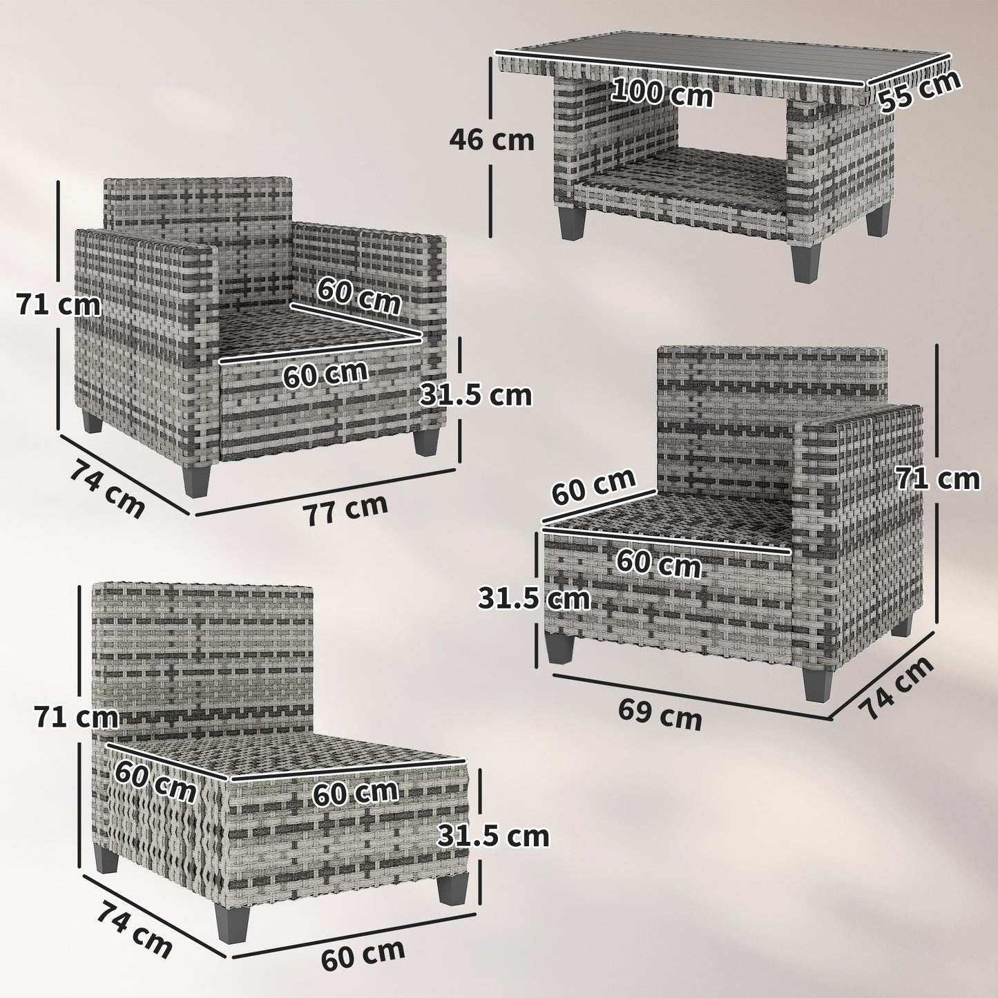 Outsunny Six-Piece Modular Rattan Sofa Set 5-Seater Garden Furniture Set with Two-tier Table - Light Grey