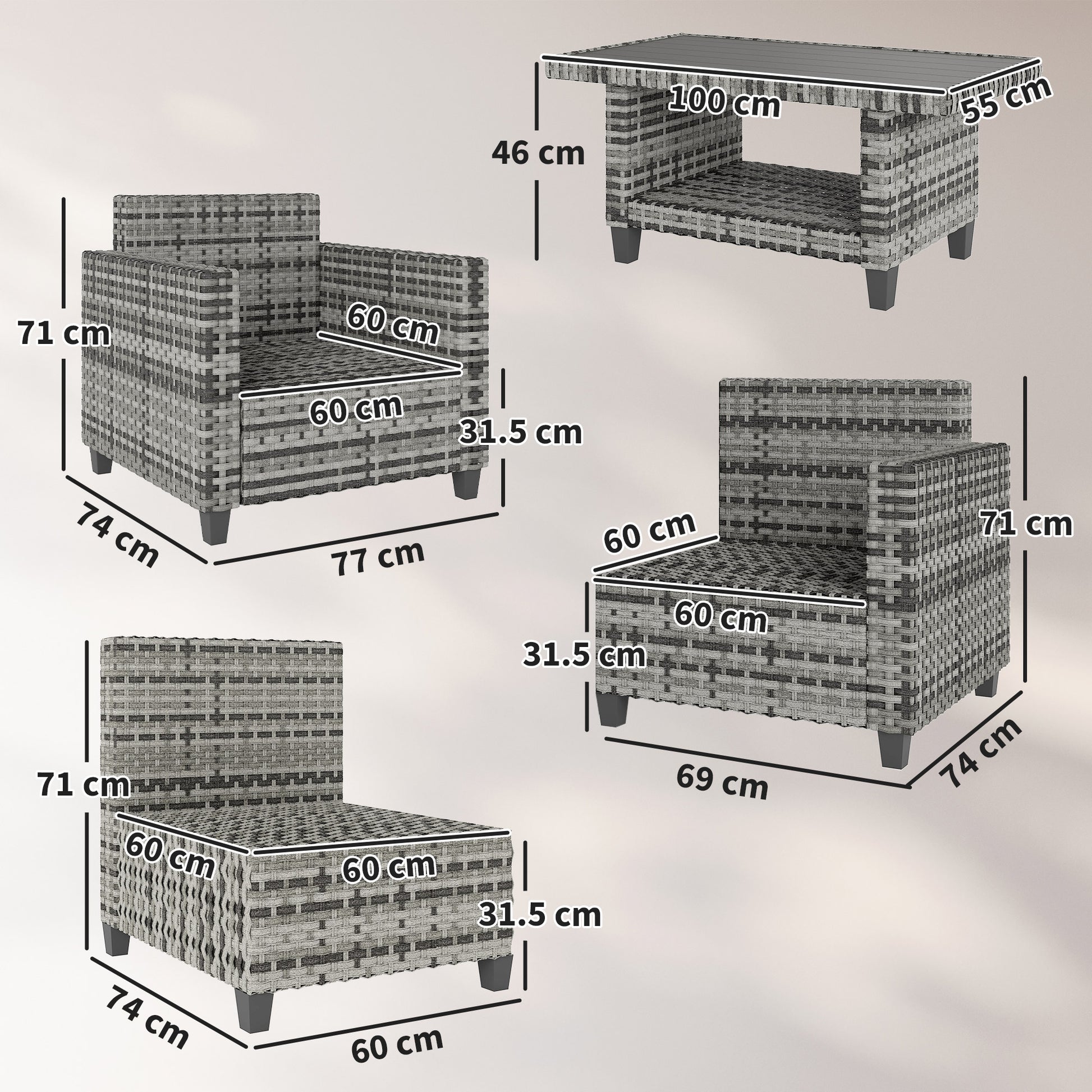 Outsunny Six-Piece Modular Rattan Sofa Set 5-Seater Garden Furniture Set with Two-tier Table - Light Grey